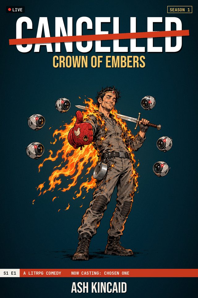Cover of Cancelled: Crown of Embers. A stuntman in a scorched fire suit and a gold circlet stands on fire, giving a thumbs-up with an oven mitt, a sword on his shoulder, while floating cameras circle him.